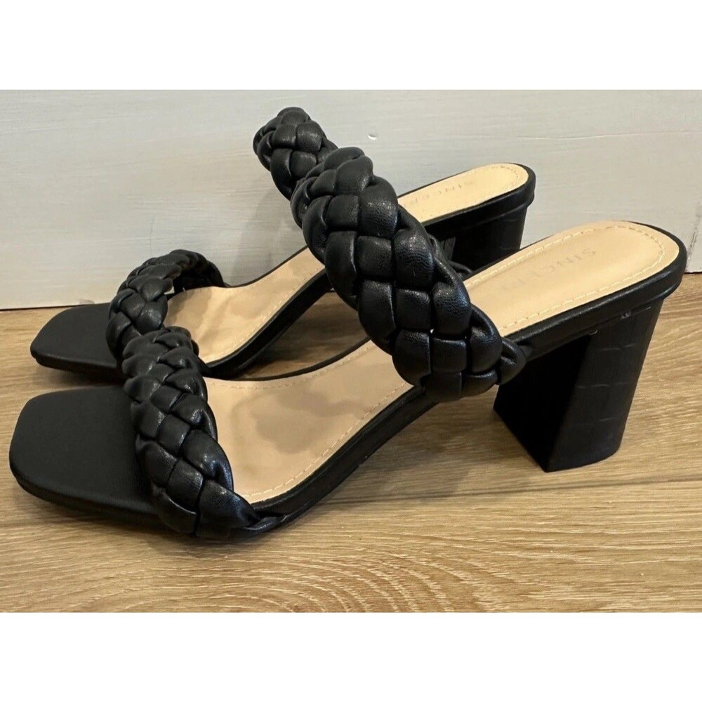 Women’s Sincerely Jules Iris Braided Two Strap Heeled Sandals Black Size 9 EUC!